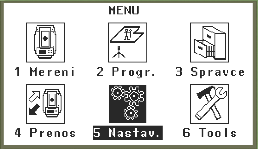 Hlavní menu Úvodní obrazovka, která se objeví po zapnutí přístroje (pokud není uživatelem nastavena jiná obrazovka, pomocí funkce Start-up). Obsahuje následující ikony: Mereni Progr.