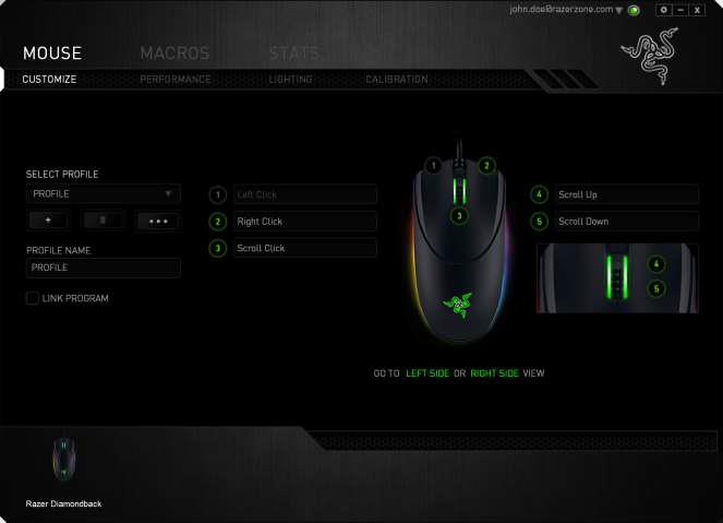 Nastavení Razer DeathAdder Chroma Upozornění: Níže popisované funkce jsou popisovány s Razer Synapse a mohou