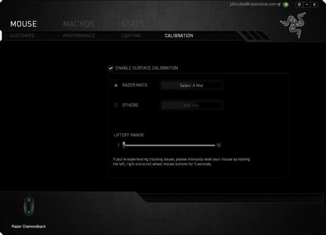 Calibration tab Zde můžete kalibrovat senzor na daný povrch, po kterém se bude myš pohybovat a také nastavit do jaké výše nadzvednutí myši bude její senzor schopen snímat pohyb.
