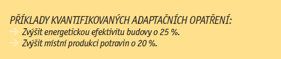 Adaptační opatření Pro každý cíl by mělo být jedno či více opatření Smyslem je rozdělit každý cíl do uchopitelných a realizovatelných kroků Opatření by