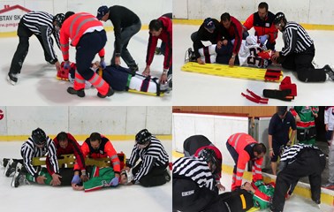 Workshop prvej pomoci priamo na ľadovej ploche Rozdelenie stanovísk, pridelenie inštruktorov a pomôcok 1.