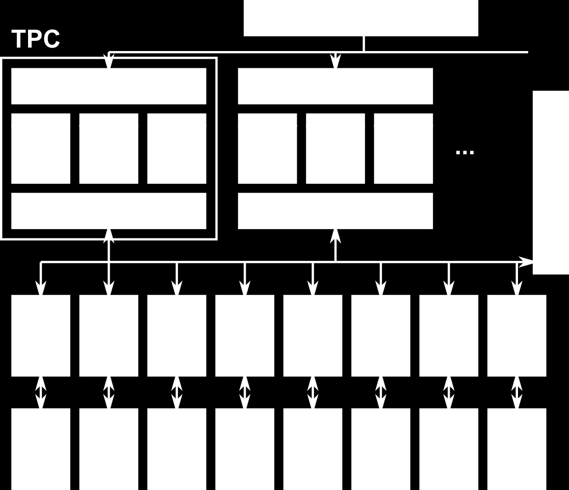 GT200 Více-jádrový čip s dvou vrstvou hierarchií 10x Thread Processing Cluster (TPC) na vyšší úrovni 3x Streaming Multiprocessor (SM) nebo Thread Processor Array (TPA) na