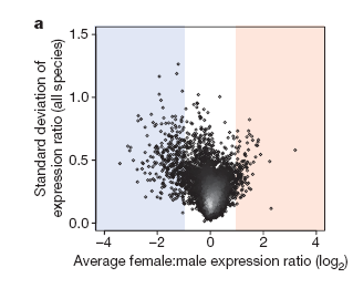 Expression divergence Pozitivní selekce zvyšuje mezidruhovou divergenci v expresi u genů s preferenční expresí v samcích Geny s preferenční expresí v samcích vykazují větší míru divergence mezi druhy
