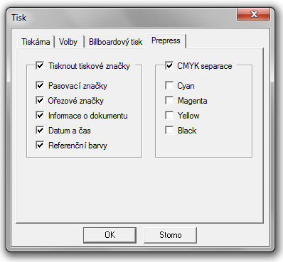 Záložka Prepress: Tisk dokumentu Nastavení, které pravděpodobně nevyužijeme slouží při přípravě barevných tiskovin, kdy je potřeba dodat stránky vyseparované do základních barev.