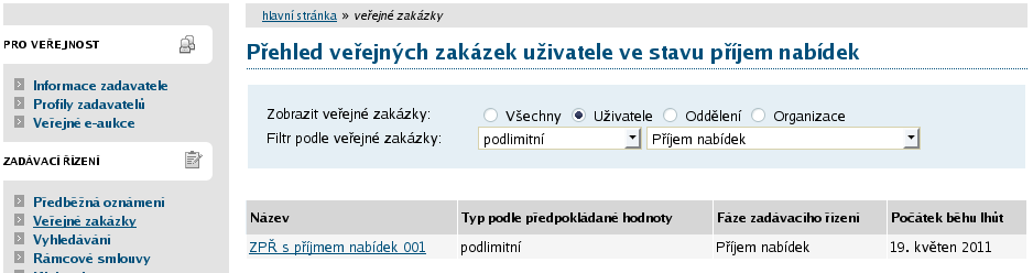 Pomocí položky menu Veřejné zakázky lze zobrazit přehledovou tabulku veřejných zakázek, v jejímž záhlaví je možné filtrovat veřejné zakázky podle předpokládané hodnoty a dle fáze zadávacího řízení.