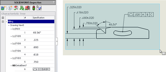 SOLIDWORKS Inspection Vyberete skupinu vlastností pomocí rámečku. Všechny vlastnosti v rámečku se přidají do Stromu vlastností. Když chcete odstranit vlastnost, klikněte na ni v grafické ploše.