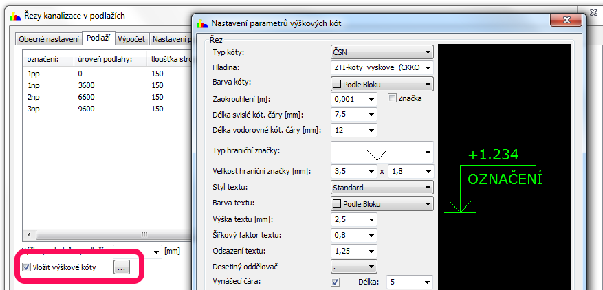 U podlaží je možné popsat, případně nastavit tvar výškových kót. Obr. Nastavení řezu kanalizace v podlažích a výškových kót.