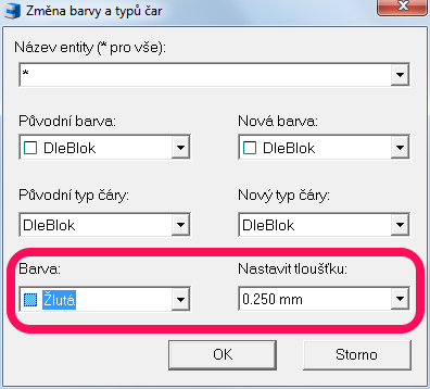 Obr. Nastavení tlouštěk čar v programu Správce databáze. Stejným způsobem můžete měnit tloušťky čar i u prvků, které jste již vložili do výkresu (funkce Změna barev a typů čar). Obr.