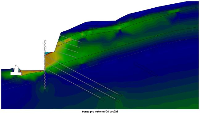 Příloha A Výstupy GEO 5 MKP eq. [%] Obr. A.3.9 Fáze výstavby č. 9 provedení konstrukce č.1 (spodní pilotová stěna) znázornění ekvivalentních poměrných přetvoření eq. [%] Obr. A.3.10 Fáze výstavby č.