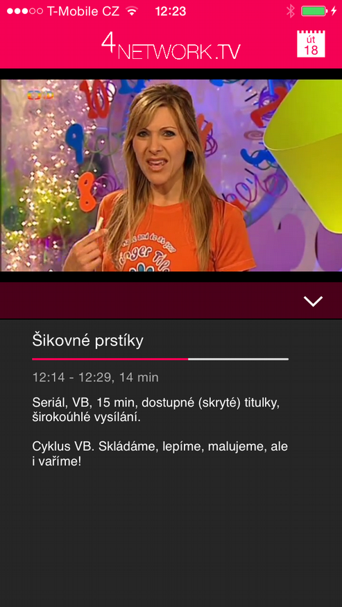 6. Popis funkcí mobilní aplikace 6.1.Aktuální pořady Po spárování mobilního zařízení se nahraje seznam dostupných televizních stanic se základními informacemi o pořadech.