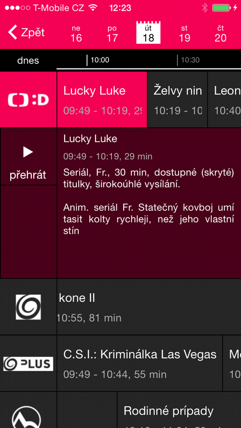 6.3.Programový průvodce Obrazovku s programovým průvodcem zobrazíte klikem na symbol kalendáře. Zobrazí se seznam dostupných televizních kanálů s programovým průvodcem a časovou osou.