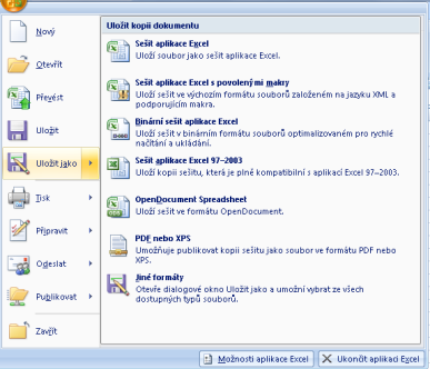 7.1. Uložení v jiném formátu Sešit aplikace Microsoft Office Excel 2007 můžeme uložit v jiném formátu souboru.