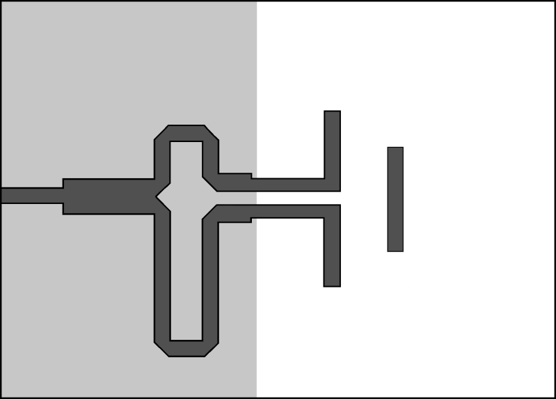 substrátu, reflektor a zkrácená zemnící plocha jsou umístěny na spodní straně. Z aktivního dipólu je řešen přechod ze symetrického dvouvodičového vedení (CPS) na mikropásek tzv.