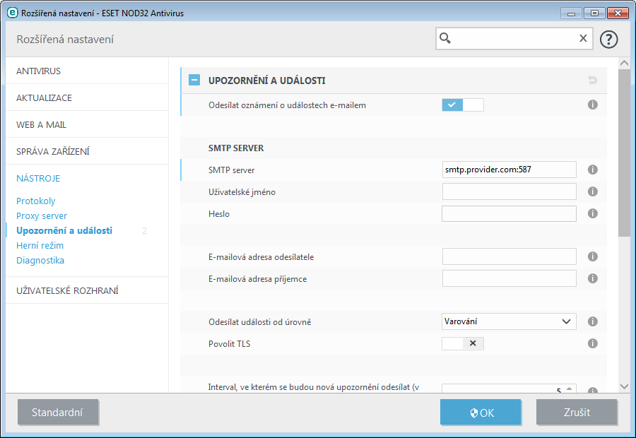 4.4.1.11 Upozornění a události ESET NOD32 Antivirus dokáže odesílat e-maily při výskytu události s nastavenou úrovní důležitosti.