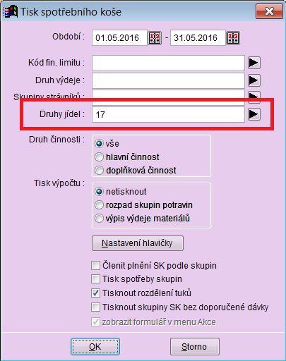 Novinky v programu MSklad 1.48 Tisk Spotřebního koše s novým filtrem Před tiskem Spotřebního koše lze nastavit filtr na požadované druhy jídel.