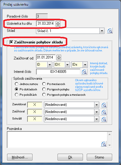 Po automatickom zaúčtovaní skladu program sám vytvorí interný doklad, kde zaúčtuje všetky pohyby, ktoré boli v danom období zaevidované do skladu, preto je dôležité správne nastaviť zaúčtovanie: Účet