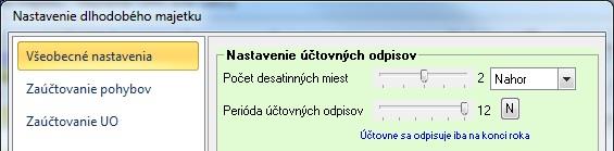 Cez tlačidlo Možnosti Nastavenie DM je možné určiť periódu účtovných odpisov. Napr. mesačné, kvartálne, ročné. Na základe tohto nastavenia Vám program v záložke Účtovné odpisy vypočíta odpisy.