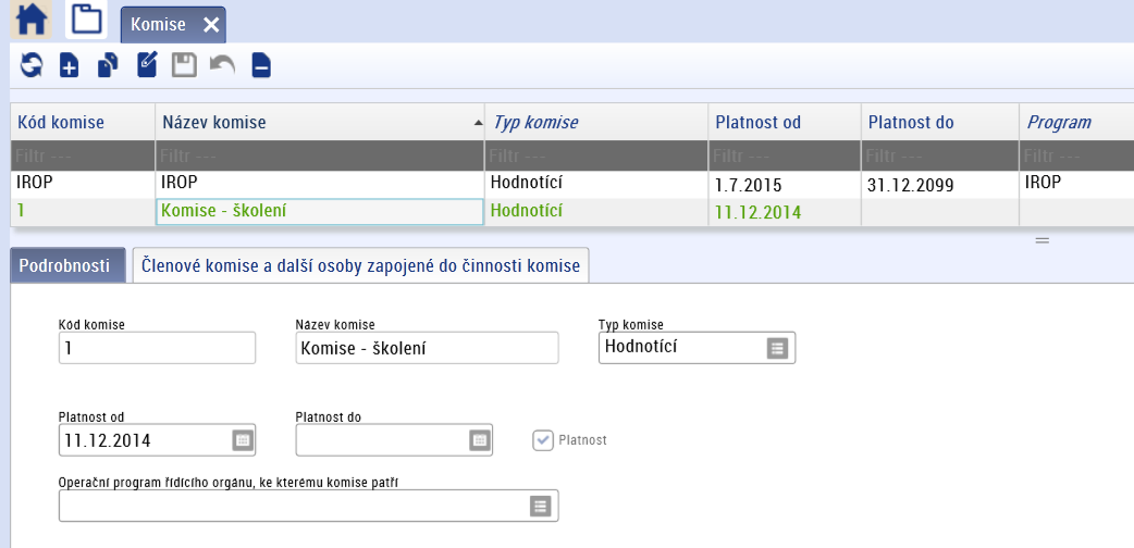 2.2. Vytvoření hodnotící komise Správce DaHOS vstoupí v MS2014+ do modulu DaHOS, záložka Komise. Systém zobrazí seznam komisí v číselníku (kód, název, typ komise, platnost od-do).