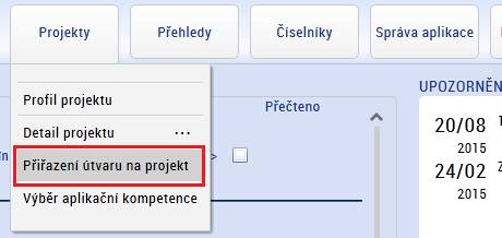 Vedoucí manažer projektu: 1. vybere modul Projekty, záložku Přiřazení útvaru na projekt; 2. přes číselník v poli Název výzvy vybere výzvu, do které projekt spadá; 3.