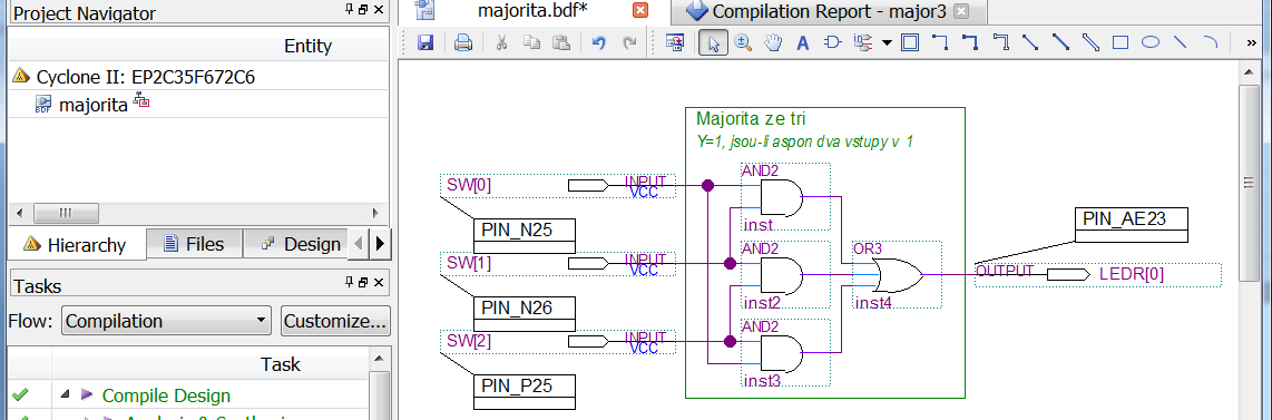 U správně mapovaných vstupů a výstupů se objeví informace o tom, na který konkrétní vývod FPGA obvodu vývojové desky se připojí.