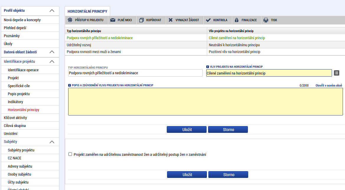 Snímek obrazovky se zobrazením záložky Horizontální principy Výběr vlivu projektu na horizontální princip z číselníku 5.2.