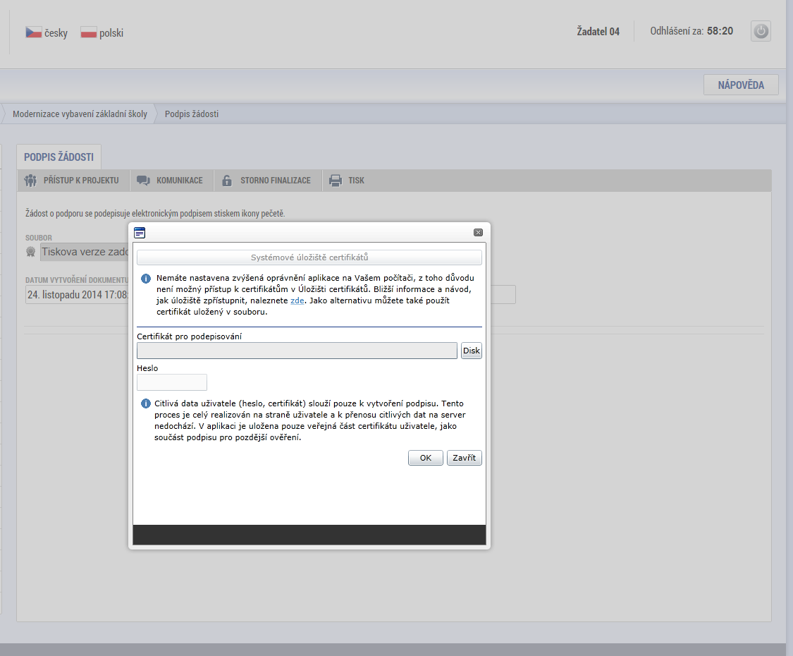 Snímek obrazovky se zobrazením dialogových oken relevantních během podepisování žádosti o
