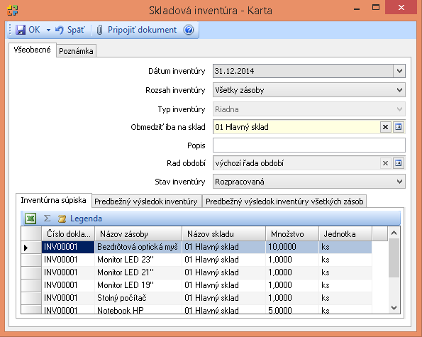 1.2 Založenie karty skladovej inventúry Po pridaní skladovej inventúry je v karte automaticky nastavený stav inventúry na hodnotu Rozpracovaná.