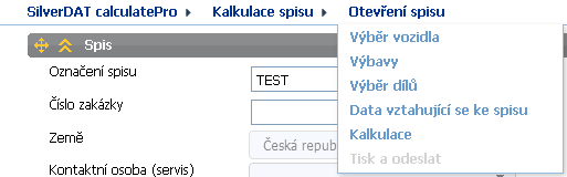 Kalkulace spisu Proces výpočtu kalkulace škod je rozdělen do 7 kroků: 1) Otevření spisu 2) Výběr vozidla 3) Výbava 4) Výběr dílů 5) Data vztahující se ke spisu 6) Kalkulace 7) Tisk a odeslat Mezi