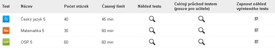 záložka Testy 6. Vyberte, zda chcete testem cvičně projít (máte jen jeden pokus) nebo se jen podívat na náhled testu. 7.