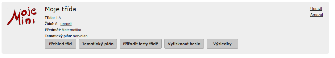 Zobrazí se vám tento přehled o třídě: V rámečku vidíte informace o své třídě, máte možnost ji upravit, či smazat (v pravém horním