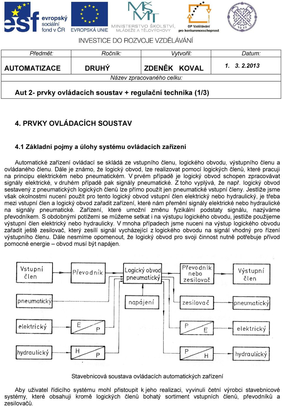 Dále je známo, že logický obvod, lze realizovat pomocí logických členů, které pracuji na principu elektrickém nebo pneumatickém.