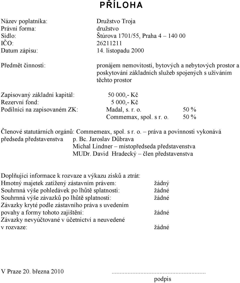 s r. o. 5 % Členové statutárních orgánů: Commemeax, spol. s r. o. práva a povinnosti vykonává předseda představenstva p. Bc. Jaroslav Důbrava Michal Lindner místopředseda představenstva MUDr.