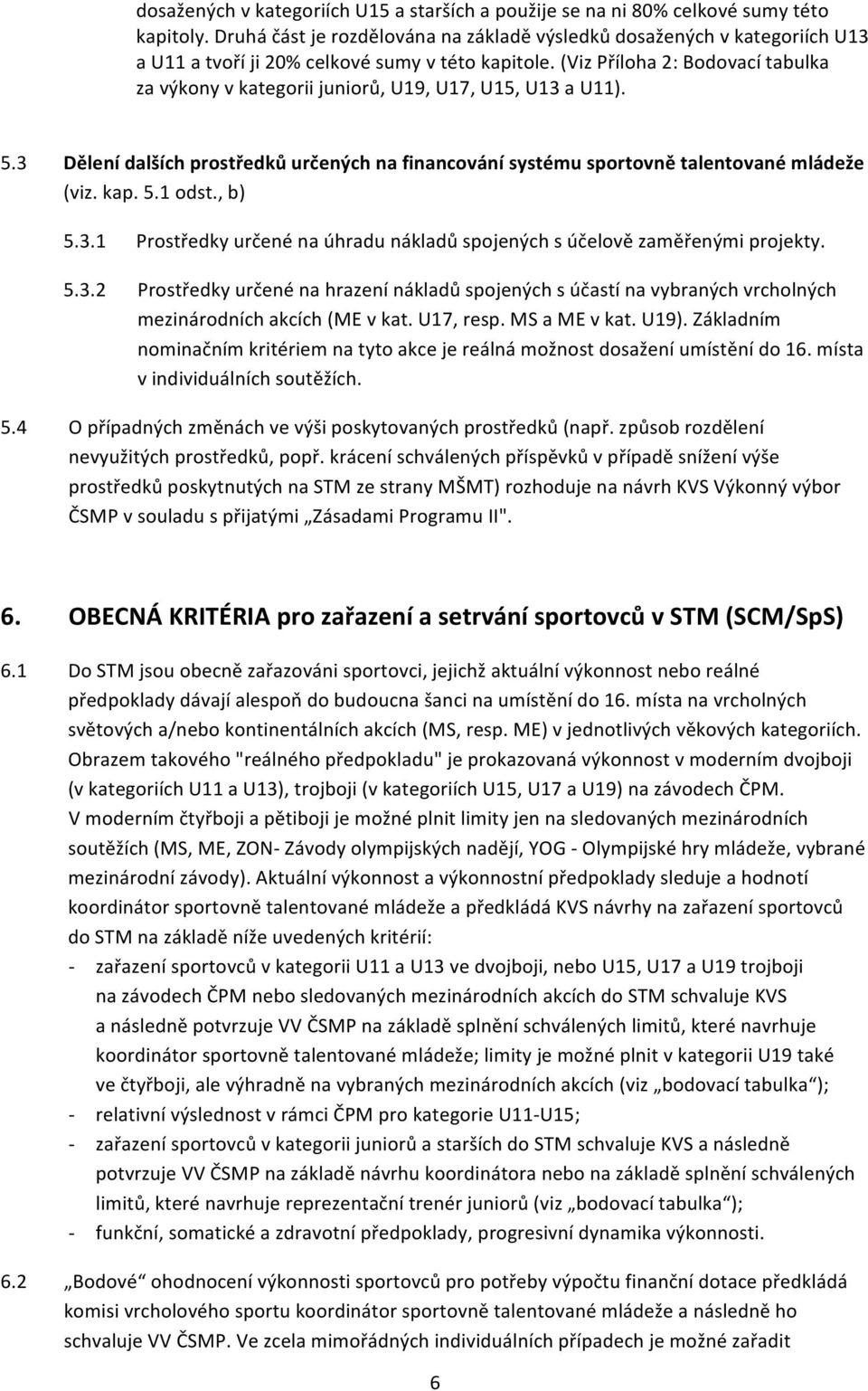 (Viz Příloha 2: Bodovací tabulka za výkony v kategorii juniorů, U19, U17, U15, U13 a U11). 5.3 Dělení dalších prostředků určených na financování systému sportovně talentované mládeže (viz. kap. 5.1 odst.