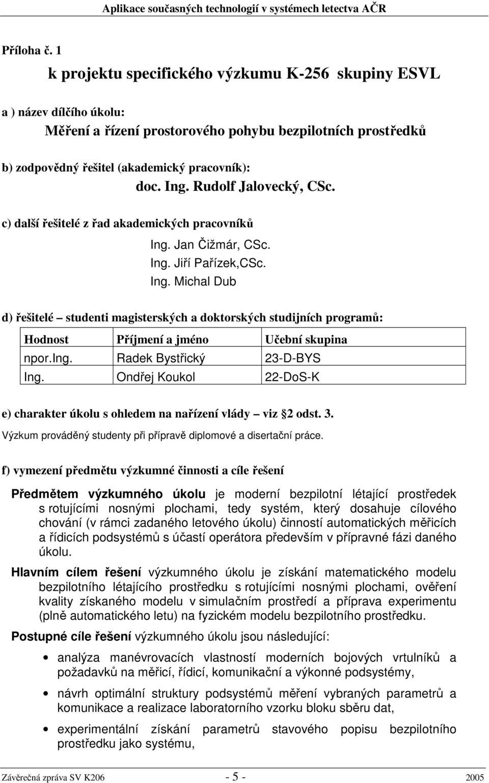 Jan Čižmár, CSc. Ing. Jiří Pařízek,CSc. Ing. Michal Dub d) řešitelé studenti magisterských a doktorských studijních programů: Hodnost Příjmení a jméno Učební skupina npor.ing.