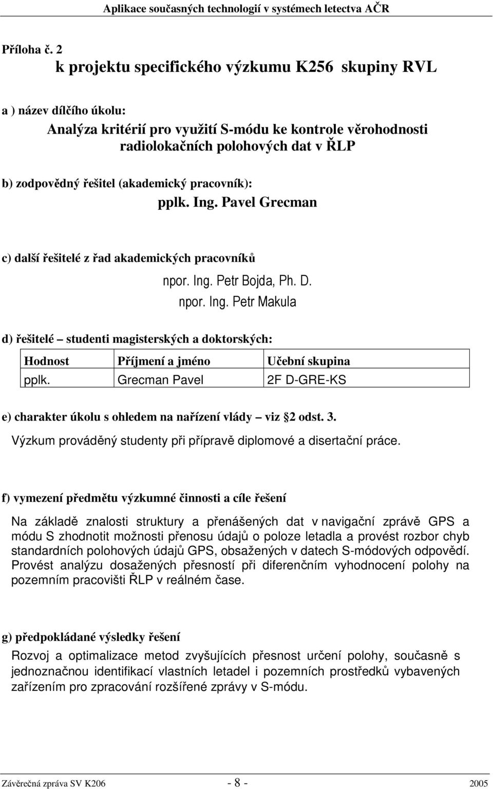 (akademický pracovník): pplk. Ing. Pavel Grecman c) další řešitelé z řad akademických pracovníků npor. Ing. Petr Bojda, Ph. D. npor. Ing. Petr Makula d) řešitelé studenti magisterských a doktorských: Hodnost Příjmení a jméno Učební skupina pplk.