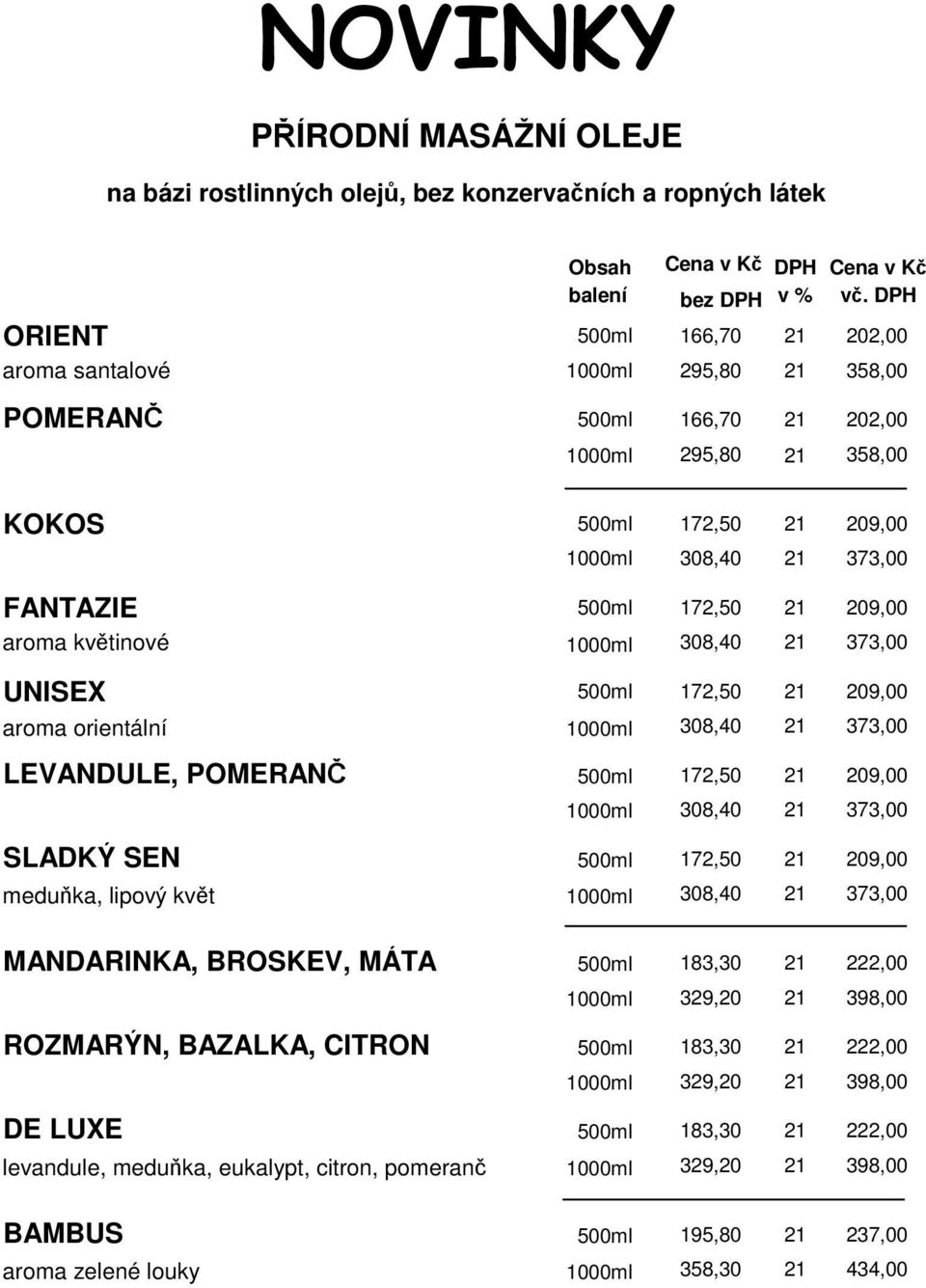 POMERANČ 500ml 172,50 209,00 1000ml 308,40 373,00 SLADKÝ SEN 500ml 172,50 209,00 meduňka, lipový květ 1000ml 308,40 373,00 MANDARINKA, BROSKEV, MÁTA 500ml 183,30 222,00 1000ml 329,20 398,00 ROZMARÝN,