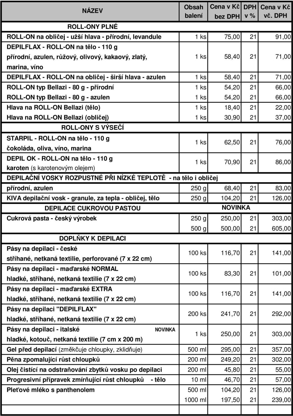 18,40 22,00 Hlava na ROLL-ON Bellazi (obličej) 30,90 37,00 ROLL-ONY S VÝSEČÍ STARPIL - ROLL-ON na tělo - 110 g čokoláda, oliva, víno, marina DEPIL OK - ROLL-ON na tělo - 110 g karoten (s karotenovým