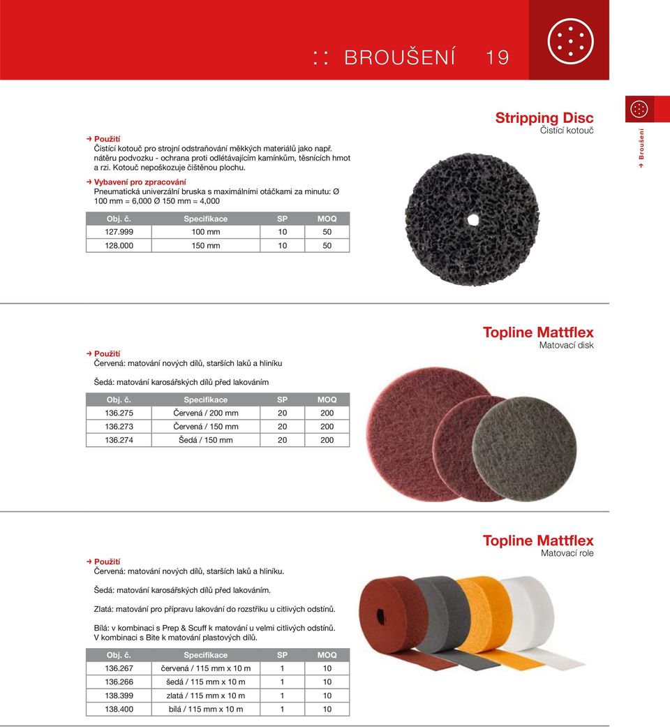 000 150 mm 10 50 Stripping Disc Čistící kotouč Broušení > Červená: matování nových dílů, starších laků a hliníku Šedá: matování karosářských dílů před lakováním 136.275 Červená / 200 mm 20 200 136.