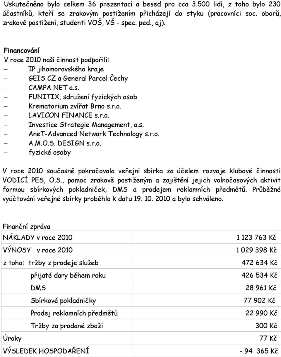 r.o. LAVICON FINANCE s.r.o. Investice Strategie Management, a.s. AneT-Advanced Network Technology s.r.o. A.M.O.S. DESIGN s.r.o. fyzické osoby V roce 2010 současně pokračovala veřejní sbírka za účelem rozvoje klubové činnosti VODICÍ PES, O.