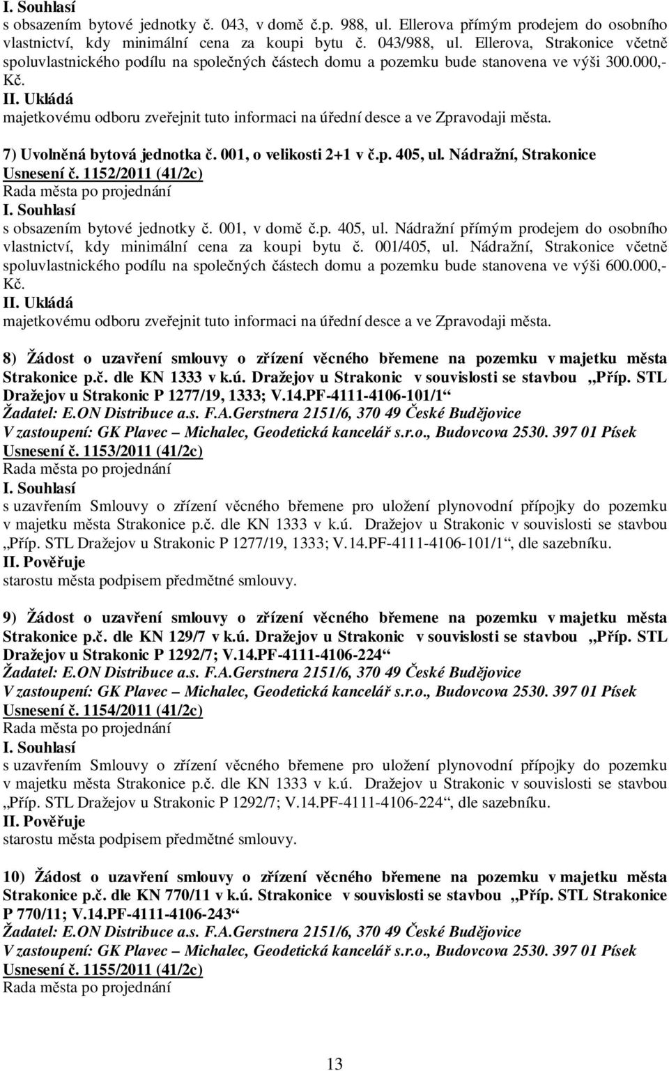 Ukládá majetkovému odboru zveřejnit tuto informaci na úřední desce a ve Zpravodaji města. 7) Uvolněná bytová jednotka č. 001, o velikosti 2+1 v č.p. 405, ul. Nádražní, Strakonice Usnesení č.
