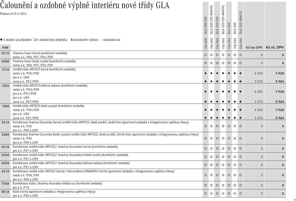 P27/P59 Umělá kůže ARTICO béžová sahara (komfortní sedadla) nelze s k. P34/950 jen s k. P27/P59 jen s k. U59 cena s k. P27/P59 Umělá kůže ARTICO šedá crystal (komfortní sedadla) nelze s k.