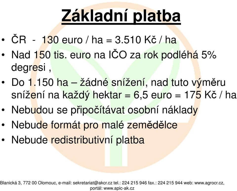 150 ha žádné snížení, nad tuto výměru snížení na každý hektar = 6,5 euro