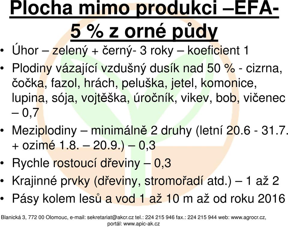 vikev, bob, vičenec 0,7 Meziplodiny minimálně 2 druhy (letní 20.6-31.7. + ozimé 1.8. 20.9.