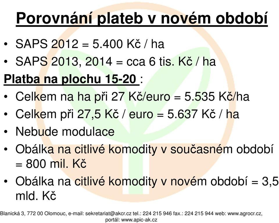 Kč / ha Platba na plochu 15-20 : Celkem na ha při 27 Kč/euro = 5.