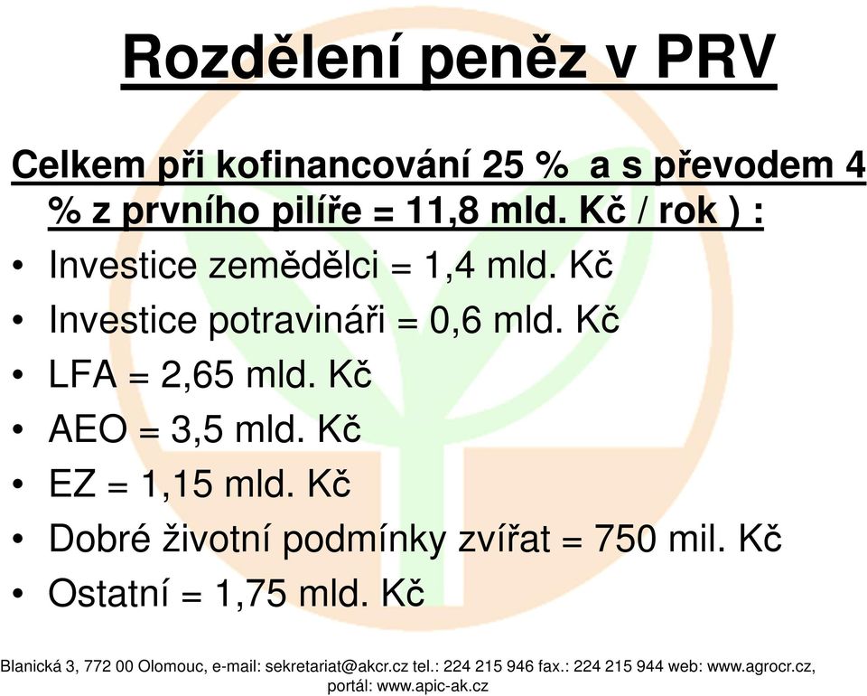 Kč Investice potravináři = 0,6 mld. Kč LFA = 2,65 mld. Kč AEO = 3,5 mld.