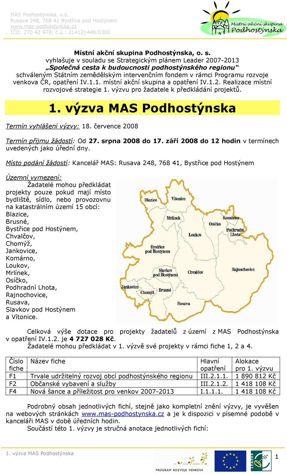 vyhlašuje v souladu se Strategickým plánem Leader 2007-2013 Společná cesta k budoucnosti podhostýnského regionu schváleným Státním zemědělským intervenčním fondem v rámci Programu rozvoje venkova ČR,