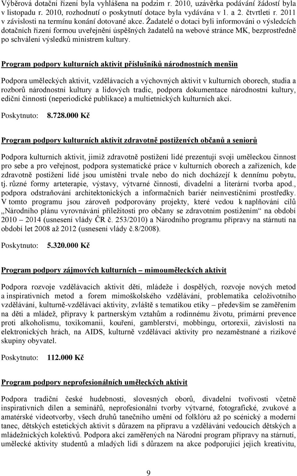 Žadatelé o dotaci byli informováni o výsledcích dotačních řízení formou uveřejnění úspěšných žadatelů na webové stránce MK, bezprostředně po schválení výsledků ministrem kultury.