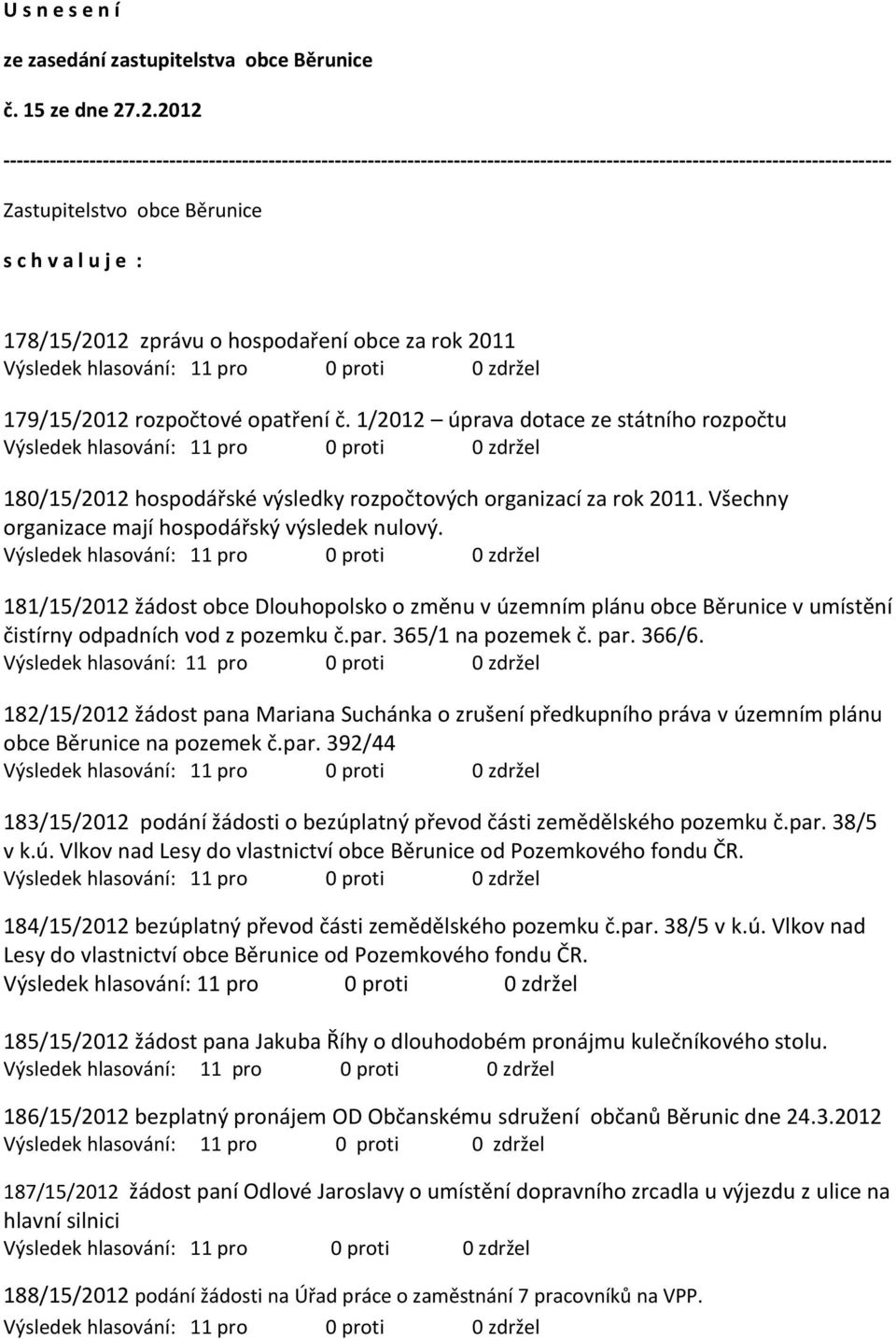 178/15/2012 zprávu o hospodaření obce za rok 2011 179/15/2012 rozpočtové opatření č. 1/2012 úprava dotace ze státního rozpočtu 180/15/2012 hospodářské výsledky rozpočtových organizací za rok 2011.