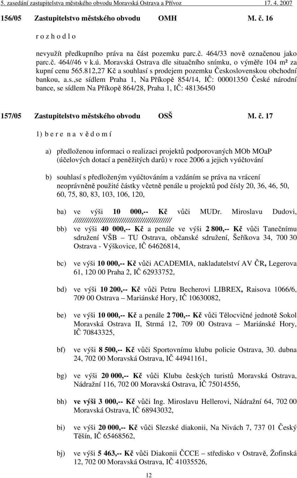 č. 17 1) b e r e n a v ě d o m í a) předloženou informaci o realizaci projektů podporovaných MOb MOaP (účelových dotací a peněžitých darů) v roce 2006 a jejich vyúčtování b) souhlasí s předloženým