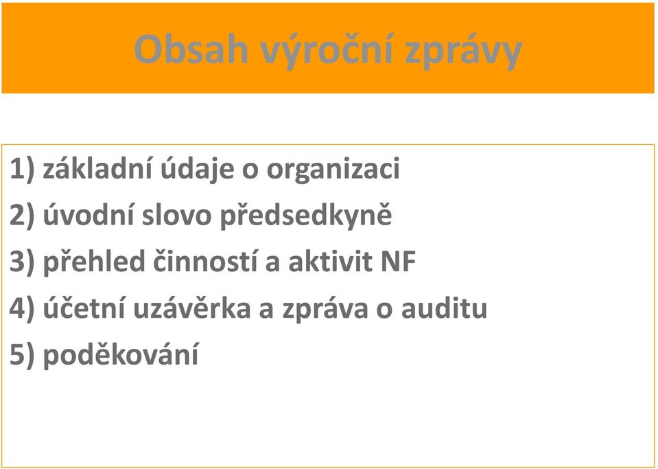 3) přehled činností a aktivit NF 4)